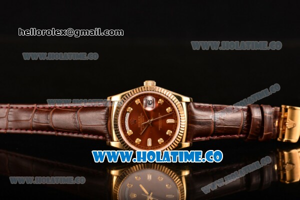 Rolex Day-Date Asia 2813/Swiss ETA 2836/Clone Rolex 3135 Automatic Yellow Gold Case with Brown Dial and Diamonds Markers (BP) - Click Image to Close